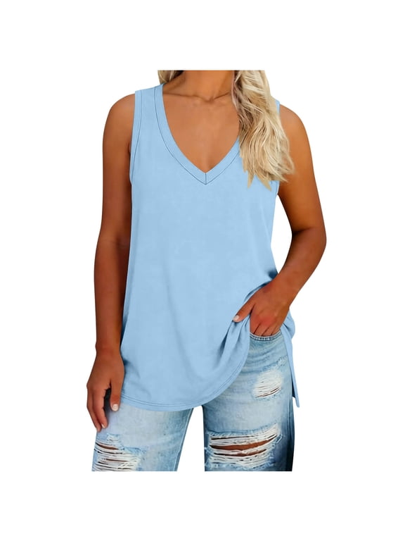 Plus Size Women's V-Neck Sleeveless Tank Tops Loose Side Split Casual Tunic Shirts Light Blue 3XL