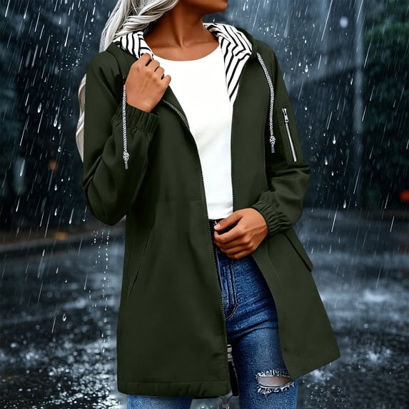 Sevevn Rain Jacket Women Striped Lined Hooded Lightweight Raincoat Outdoor Waterproof Windbreaker Green 2XL