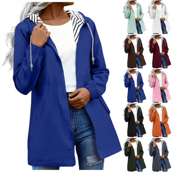 Sevevn Rain Jacket Women Waterproof Windbreaker Lightweight Rain Jackets with Pockets Striped Lined Raincoats with Hood Blue XL