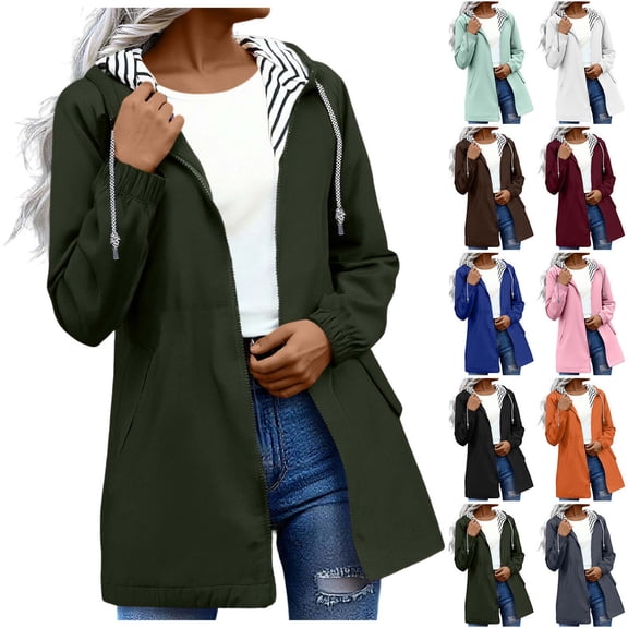 Sevevn Rain Jacket Women Waterproof Windbreaker Lightweight Rain Jackets with Pockets Striped Lined Raincoats with Hood Green XL