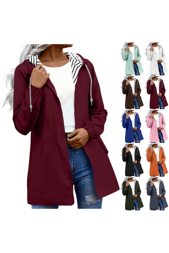 Rain Jacket Women Waterproof Windbreaker Lightweight Rain Jackets with Pockets Striped Lined Raincoats with Hood Red S