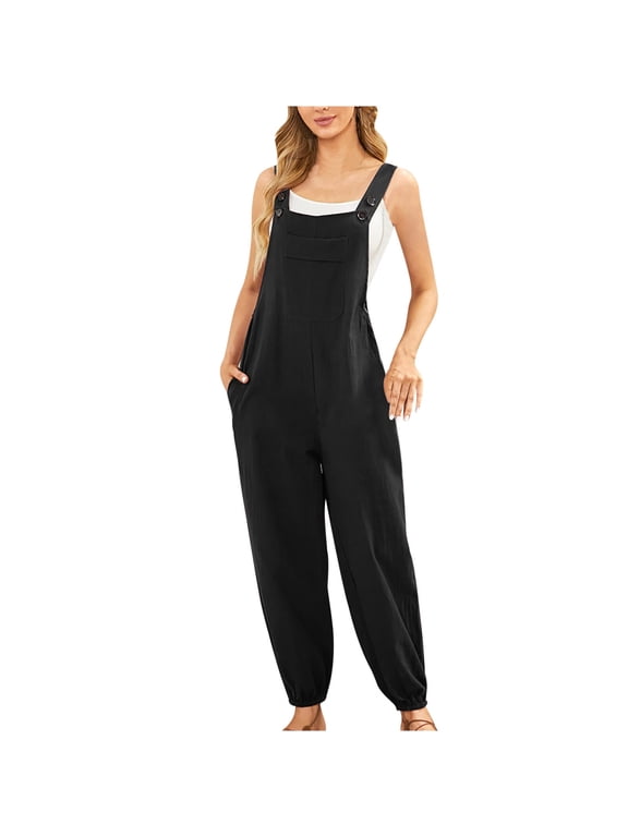 Seamless Stretchy Jumpsuit with Pockets - Women's Casual Wide Leg Romper, Breathable Linen Blend for Summer Travel & Lounge Black L Summer Clearance