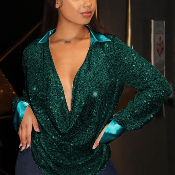 Sevevn Sequin Women Fashion Solid Color Loose T-Shirt Long Sleeve Blouse V-Neck Casual Tops Green XL Holiday Gift Finder