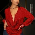 thumbnail image 1 of Sevevn Sequin Women Fashion Solid Color Loose T-Shirt Long Sleeve Blouse V-Neck Casual Tops Red M Holiday Gift Finder, 1 of 6