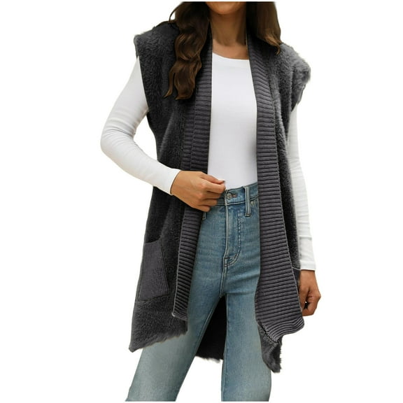 Sevevn Sleeveless Cardigans for Women Long Sweater Vest Jacket Ribbed Outerwear Coat with Pockets