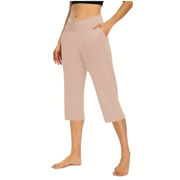 Sevevn Solid Elastic Waist Pocket Cropped Pants Casual Stretchy Stylish Pants For Spring Summer Women's Clothing