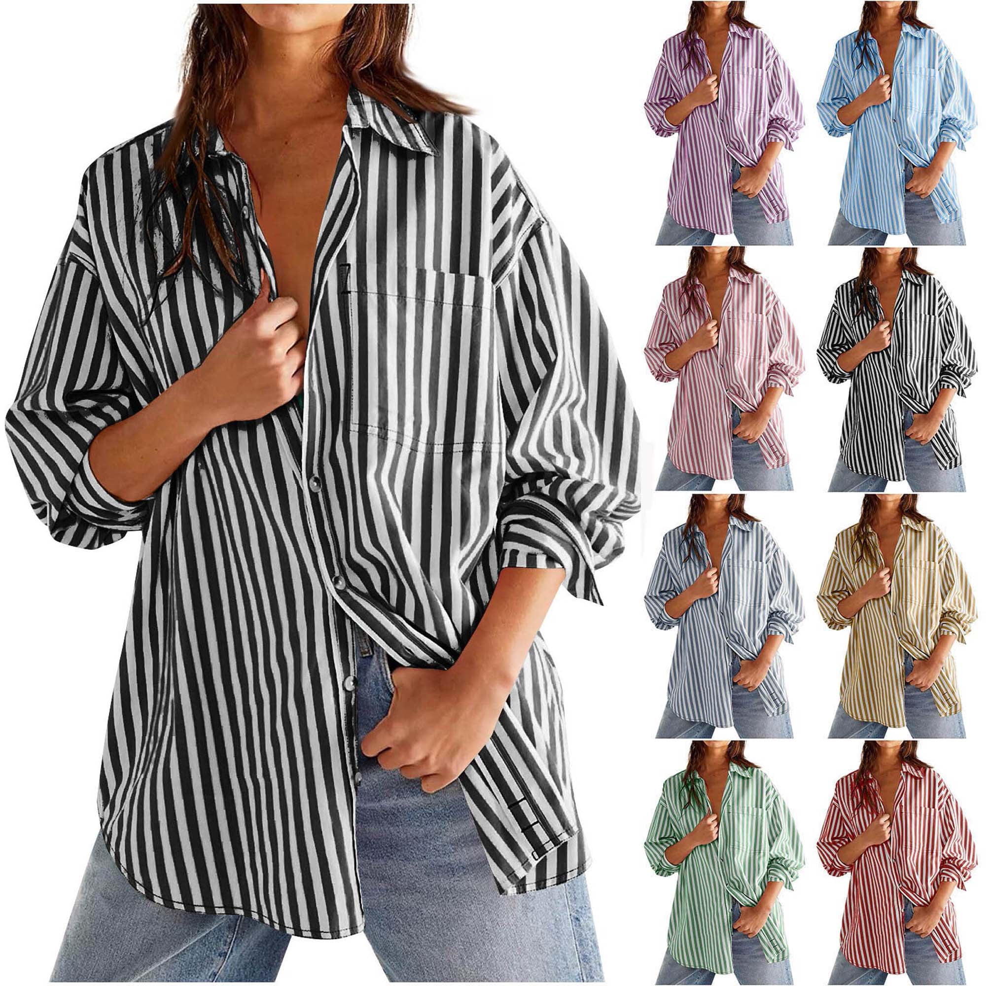 Sevevn Striped Button Down Shirts For Women Dress Shirts Long Sleeve ...