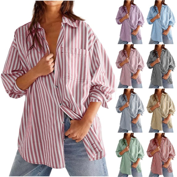 Sevevn Striped Button Down Shirts For Women Dress Shirts Long Sleeve Casual Collared Office Work Shirt With Pocket Sales Today Clearance Pink M