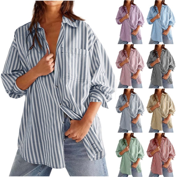 Sevevn Striped Button Down Shirts For Women Dress Shirts Long Sleeve Casual Collared Office Work Shirt With Pocket Summer Gift Light Blue L