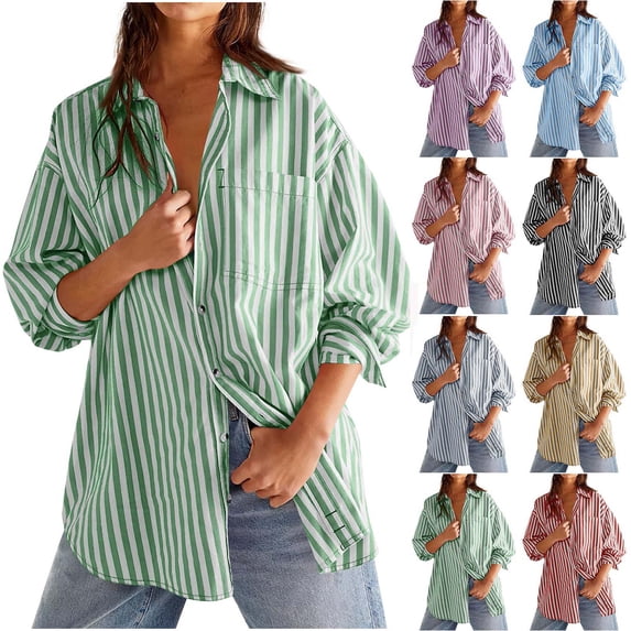 Sevevn Striped Button Down Shirts For Women Dress Shirts Long Sleeve Casual Collared Office Work Shirt With Pocket Sales Online Green M