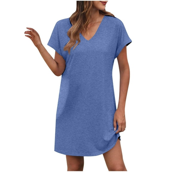 Sevevn Summer Beach Dresses For Women V Neck Short Sleeve Flowy Knee Length T Shirt Dress Casual Loose Sundress
