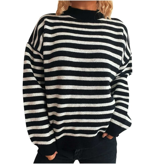 Sevevn Sweaters for Women Crewneck Long Sleeve Striped Color Block Loose Knit Pullover Sweater Tops