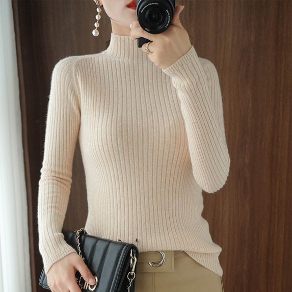 Sevevn Sweaters for Women Fashion Women's Casual Semi High Neck Solid Color Loose Base Knitted Sweater Holiday Gift Finder