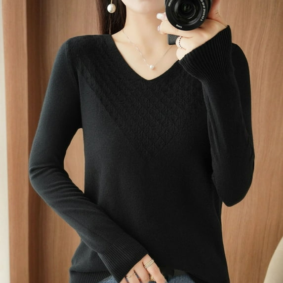 Sevevn Sweaters for Women Women's Fashion Casual V Neck Solid Color Loose Base Knitted Sweater Top Gift for Adults