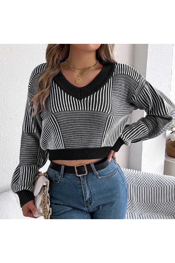 Sweaters for Women Women's Fashion New Winter Casual V-Neck Striped Lantern Sleeve Pullover Navel-Exposed Sweater Christmas Gift