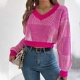 thumbnail image 1 of Sevevn Sweaters for Women Women's Fashion New Winter Casual V-Neck Striped Lantern Sleeve Pullover Navel-Exposed Sweater Christmas Gift, 1 of 7