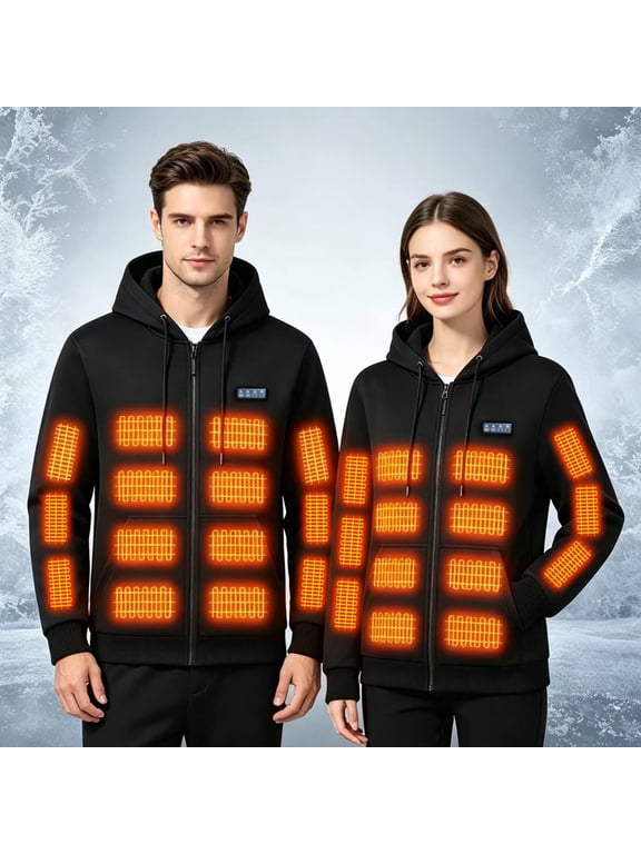 Unisex Heated Hoodie Full Zip Up Hooded Regular Fit Fleece Fabric Multi Heating Zones 3 Temperature Levels Kangaroo Pocket USB Powered For Winter Wear