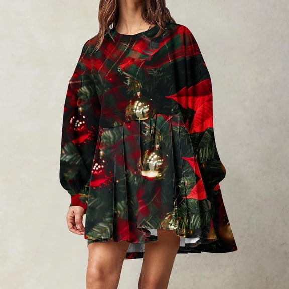 Sevevn Winter Dresses for Women 2024 Christmas Women Fashion Printed Long Sleeve Round-Neck Mid-Calf Dress Christmas Gift