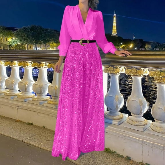 Sevevn Woman Fashion Sequin Solid Color Splice V- Sleeve Long Sleeve Jumpsuit Long Pants Hot Pink L Holiday Gift Finder
