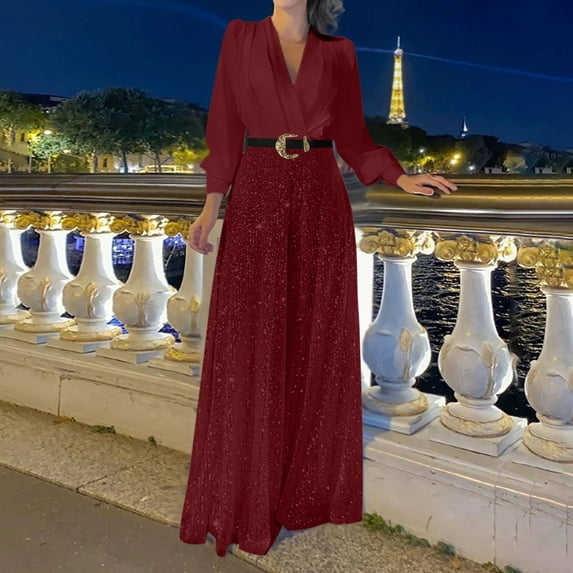 Sevevn Woman Fashion Sequin Solid Color Splice V- Sleeve Long Sleeve Jumpsuit Long Pants Wine S Great Gifts for Less