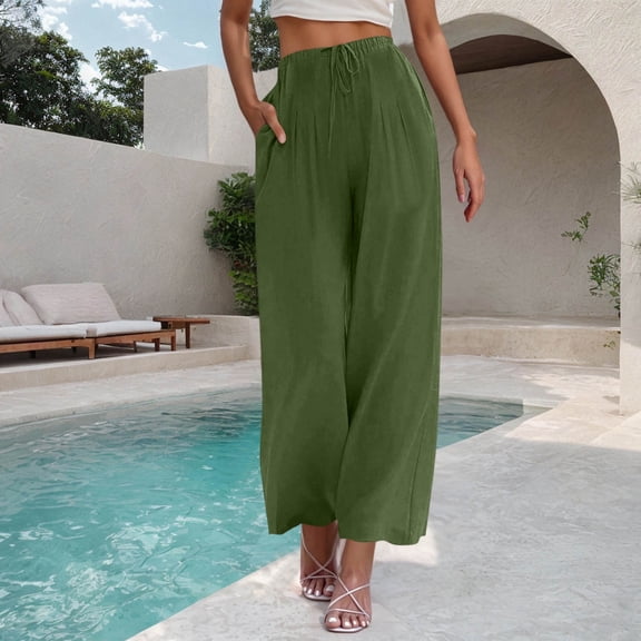 Sevevn Woman Fashion Solid Color Elastic Waist Drawstring Pocket Long Pants Green S Beach Vacation Clothes for Women