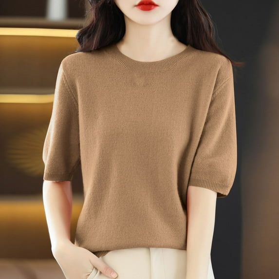 Sevevn Woman Round Neck Short Sleeve Solid Color Base Casual Top/Shirt Khaki XXL Clearance Sales Online Deals