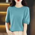 thumbnail image 1 of Sevevn Woman Round Neck Short Sleeve Solid Color Base Casual Top/Shirt Light Blue M Gift for Girls, 1 of 5