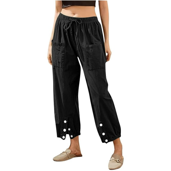 Sevevn Woman Summer Solid Color Elastic Waist Drawstring Pockets Button Slit Trousers Length Pants