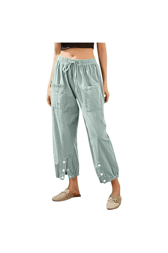 Woman Summer Solid Color Elastic Waist Drawstring Pockets Button Slit Trousers Length Pants