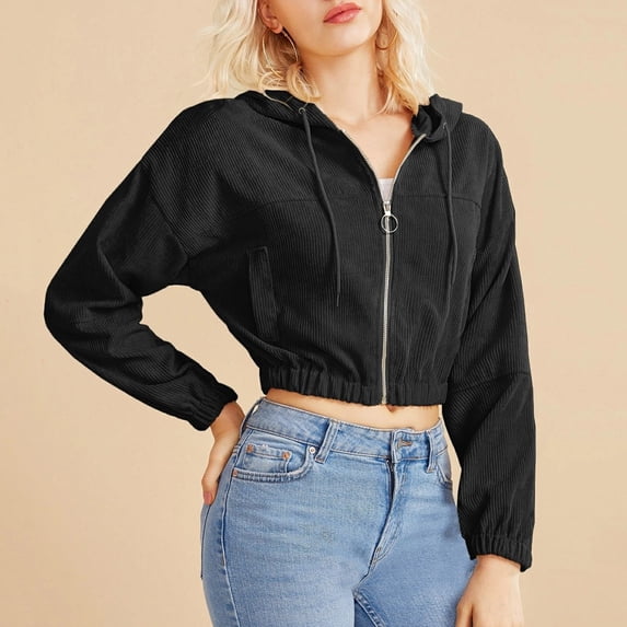 Sevevn Women Casual Corduroy Zip-Up Pocket Shirt Hooded Sweatshirt Cropped Jacket Womens Zip Up Hoodies Zipper Hoodies For Women Women's Fashion Hoodies Womens Hoodies Comfort Hoodies For Anxiety