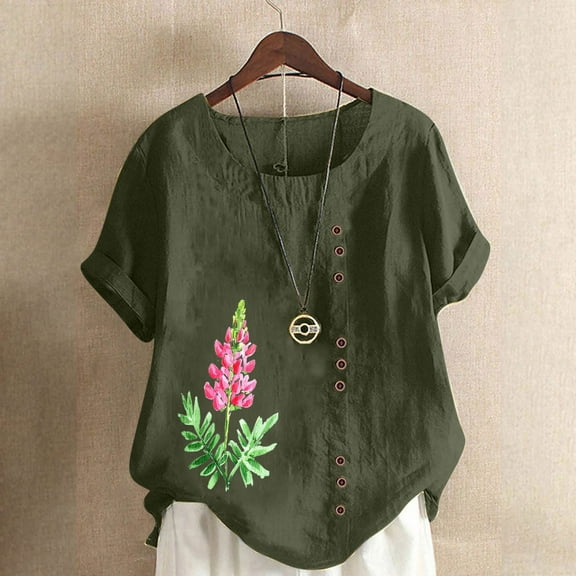 Sevevn Women Casual Linen Round-Neck Top Plus Size Printed Short Sleeve Button T-shirt Blouse Army Green XXXL Rollbacks