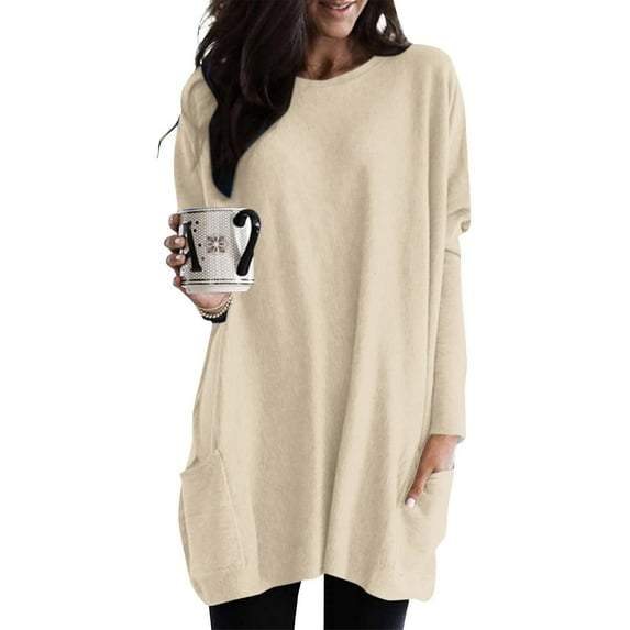 Sevevn Women Casual Long Sleeve Round Neck Pocket Loose Blouse Halloween Printed Tops Khaki S Christmas Deals