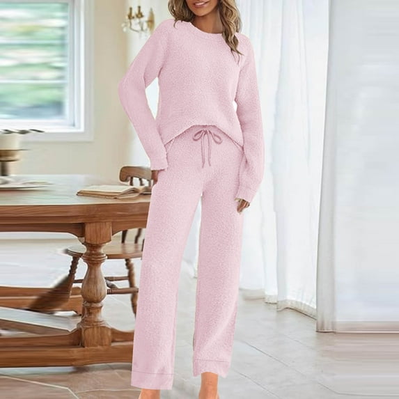 Sevevn Women Casual Round Neck Long Sleeved Top Drawstring Tight Waist Trousers Suit Pink L Christmas Gift
