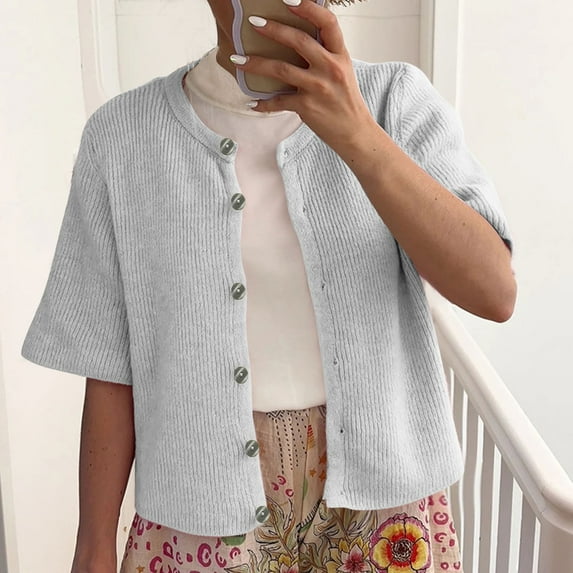Sevevn Women Casual Round Neck Short Sleeve Knit Cardigan Sweater Loose Fit Open Front Button Down Crop Sweater Jacket