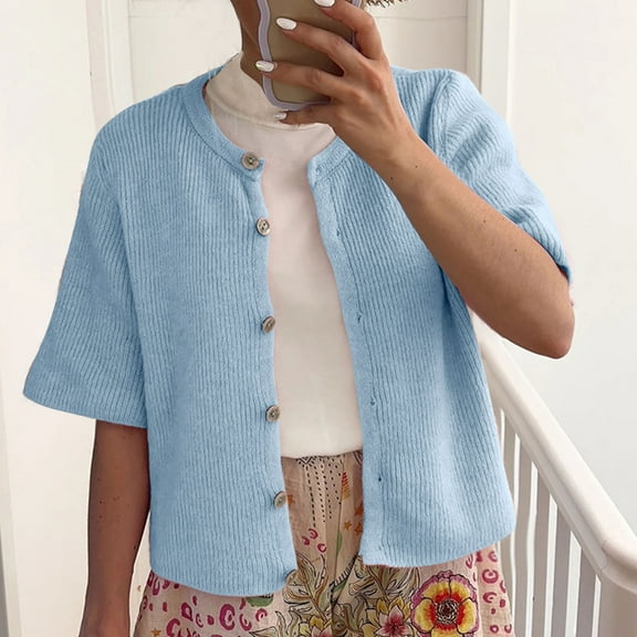 Sevevn Women Casual Round Neck Short Sleeve Knit Cardigan Sweater Loose Fit Open Front Button Down Crop Sweater Jacket