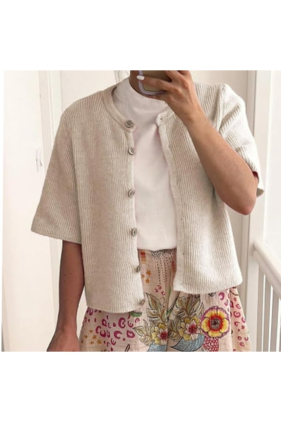 Women Casual Round Neck Short Sleeve Knit Cardigan Sweater Loose Fit Open Front Button Down Crop Sweater Jacket