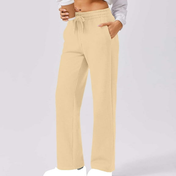 Sevevn Women Casual Solid Color Elastic Waist Pockets Pants Beige XXL Great Gifts for Less