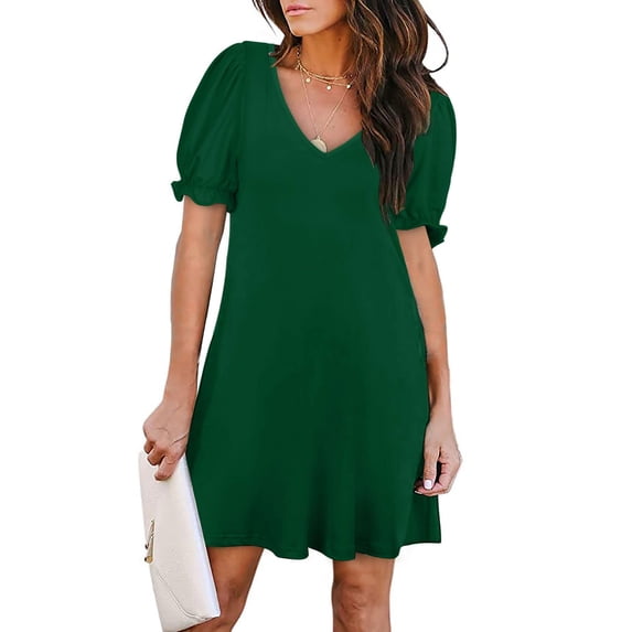 Sevevn Women Casual Summer Solid Color Short Sleeve Dress With Pocket Beach Dresses Dressy Tops for Women Short Summer Dresses Going out Dresses for Women Summer Dresses for Women 2024
