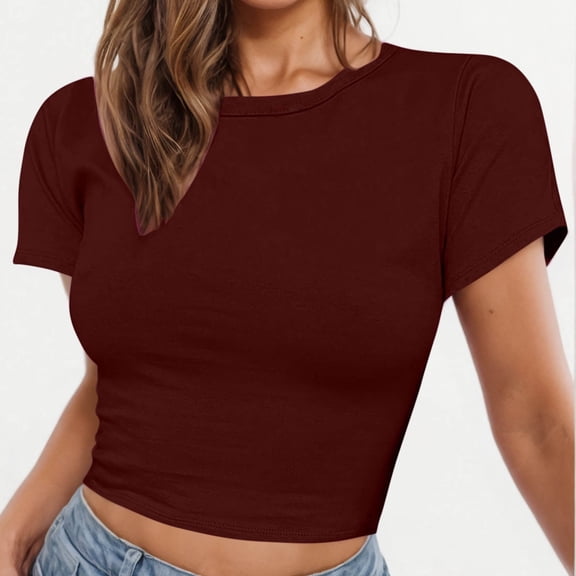 Sevevn Women Crop Cute Trendy Basic Tight Rounk Neck Crop Blouse Short Sleeve Crop TopS Wine L Rollbacks