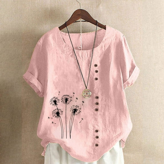 Sevevn Women Fashion Casual And Linen Round-Neck Top Printed Short Sleeve Button T-shirt Blouse Pink L Summer Clearance
