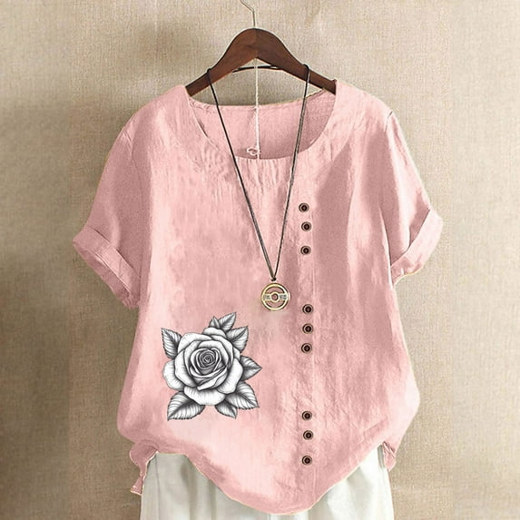 Sevevn Women Fashion Casual And Linen Round-Neck Top Printed Short Sleeve Button T-shirt Blouse Pink XXXL Summer Gift