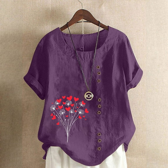 Sevevn Women Fashion Casual And Linen Round-Neck Top Printed Short Sleeve Button T-shirt Blouse Purple L Summer Clearance