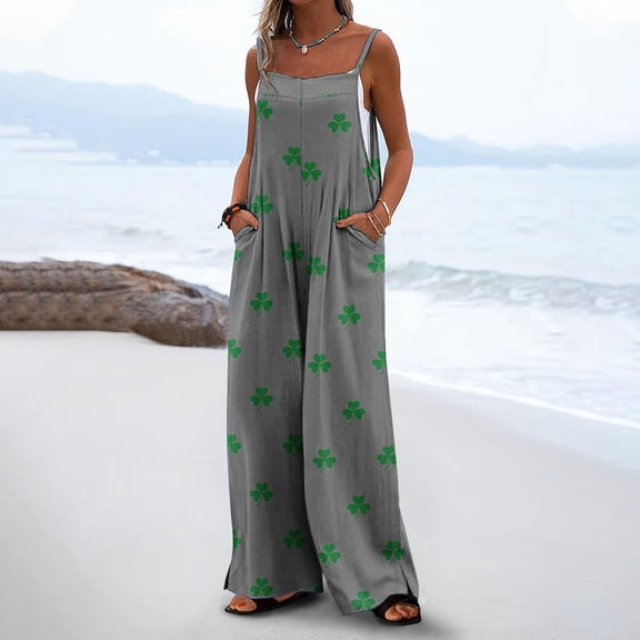 Sevevn Women Fashion Casual Loose Printed Pockets Sleeveless Back Strap Jumpsuit Gray M Family Gifts