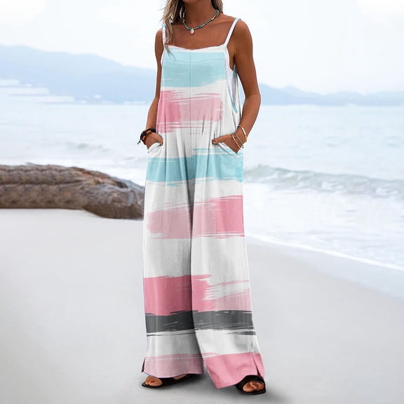 Sevevn Women Fashion Casual Loose Printed Pockets Sleeveless Back Strap Jumpsuit Pink M Holiday Gift Finder