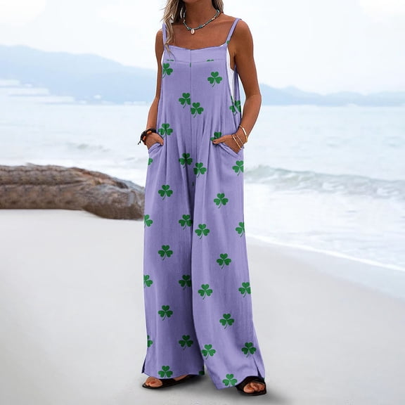 Sevevn Women Fashion Casual Loose Printed Pockets Sleeveless Back Strap Jumpsuit Purple S Holiday Gift Finder