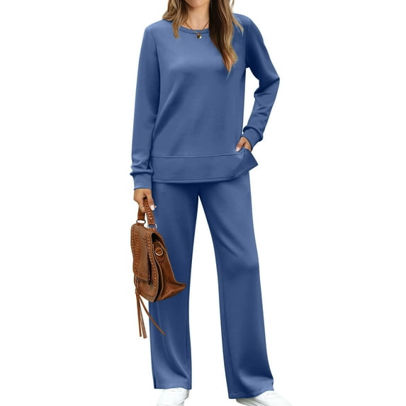 Sevevn Women Fashion Solid Color Round Neck Long Sleeve Side Split Pants Set Navy L Christmas Deals