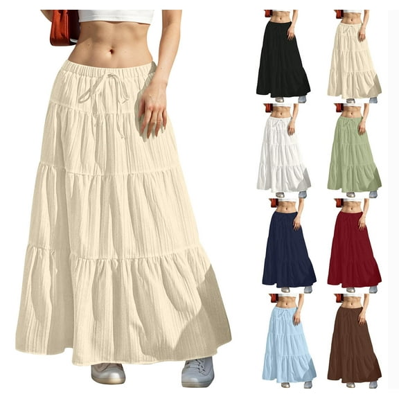 Sevevn Women Fashion Summer Casual Comfy Solid A-Line Long Skirts Elastic Waist Gift for Adults Beige M