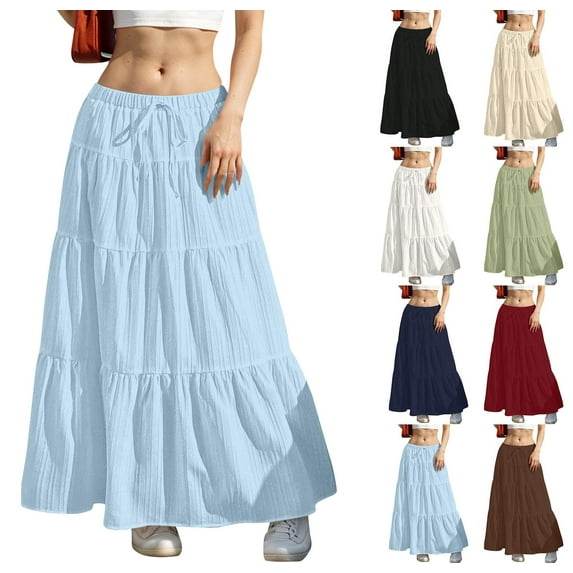 Sevevn Women Fashion Summer Casual Comfy Solid A-Line Long Skirts Elastic Waist Holiday Gift Finder Light Blue L
