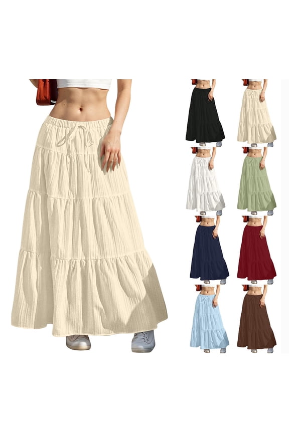 Women Fashion Summer Casual Comfy Solid A-Line Long Skirts Elastic Waist Summer Gift Beige S