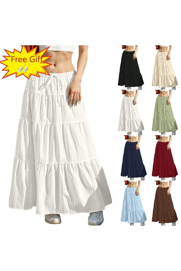 Women Fashion Summer Casual Comfy Solid A-Line Long Skirts Elastic Waist Summer Gift White M